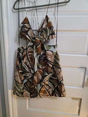 Zara Green, Brown & Black Leaf-Print Mini Dress